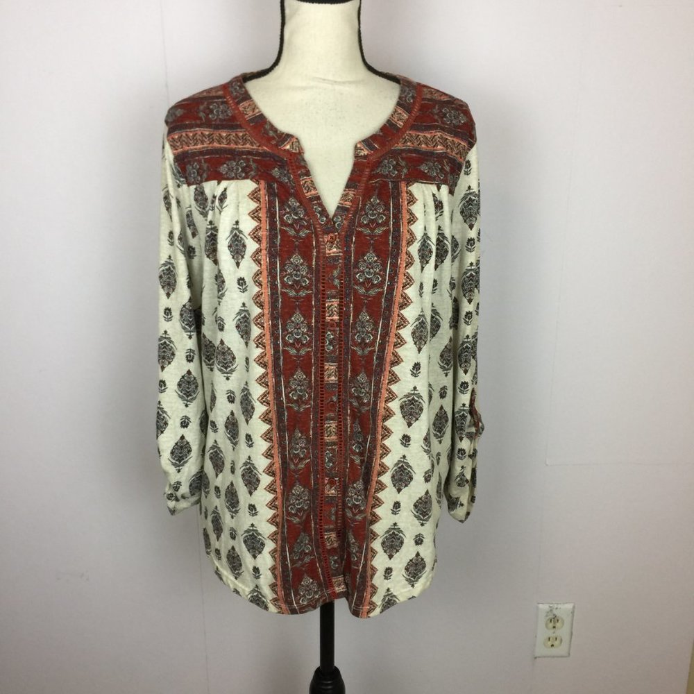 Style & Co Blouse Top PXL Womans Petite Red Ivory Boho Roll Tab Sleeve Lace Trim